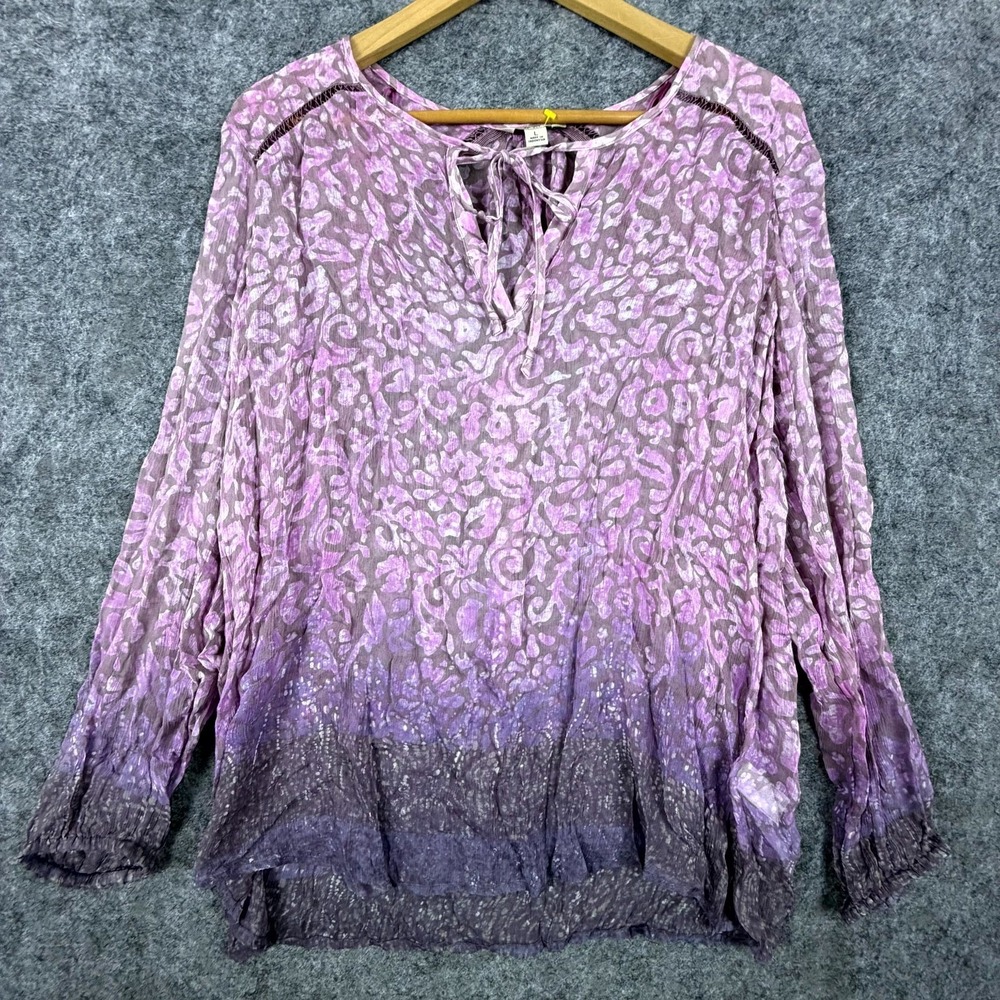Lucky Brand Sheer Blouse Top Womens Large Purple Floral Boho Tie Neck Peasant